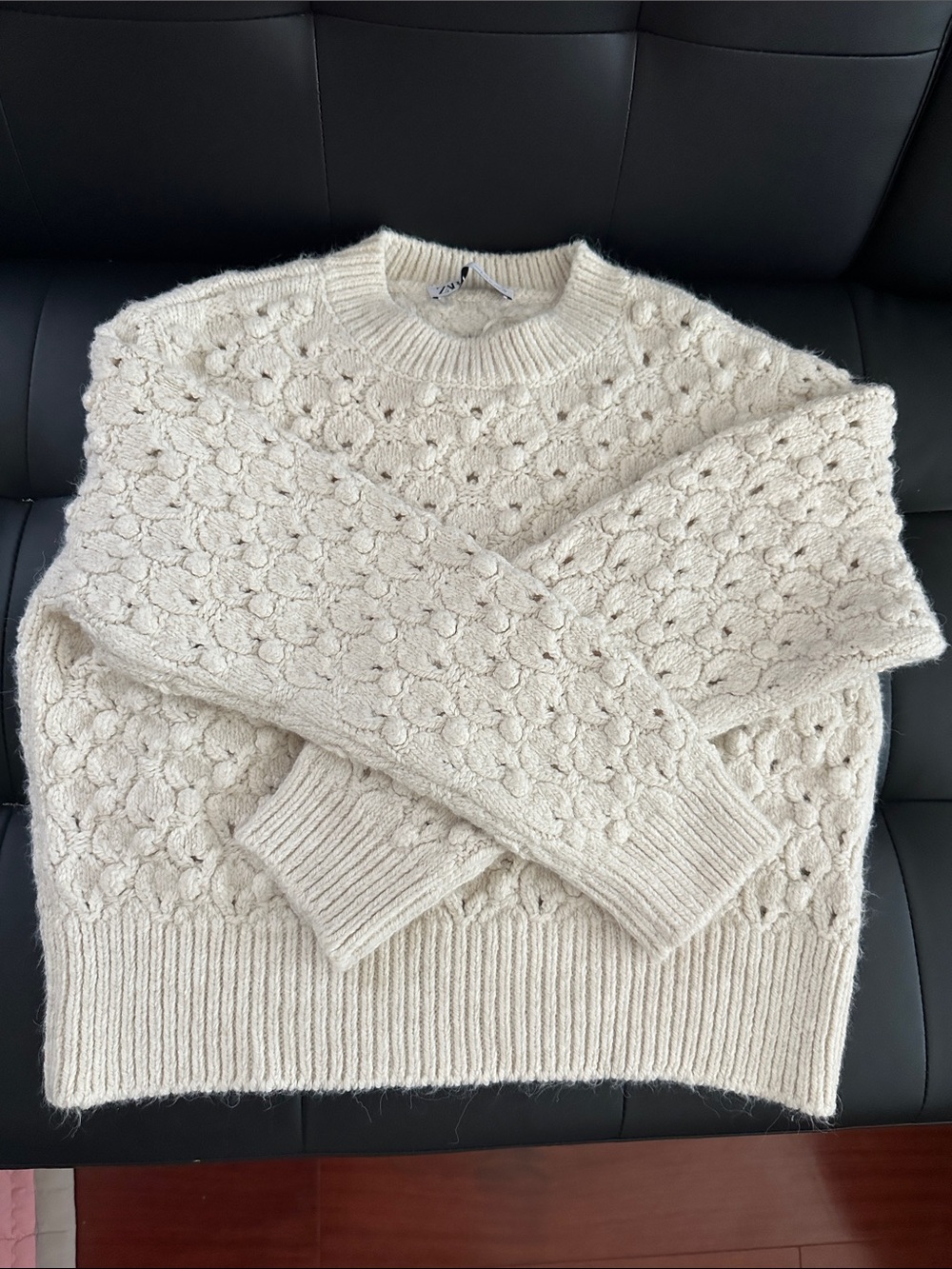 Zara Cream Popcorn Cable Crewneck Sweater